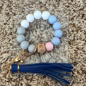 Elegant Blue and Pink Beaded Keychain Bracelet with Tassel